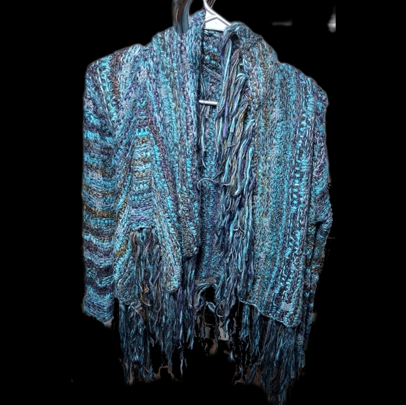 Free People Fringe Blue Fringe Cardigan Shawl Size EXtra Small - Picture 2 of 4
